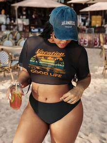 Swim Vcay 大码女士热带植物印花罩衫搭配女士吊带比基尼沙滩度假休闲泳衣两件套 - 黑色 - 查看 8