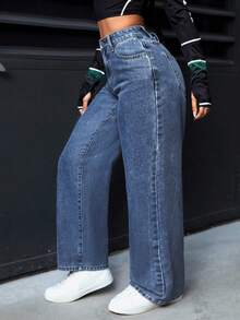 SHEIN PETITE 女士休闲水洗高腰直筒牛仔裤 - 中等水洗藍 - 查看 5