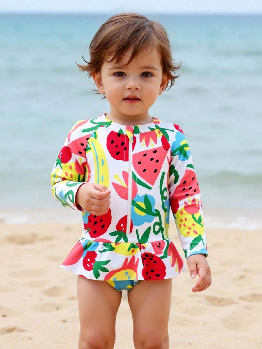 UV Protection Long Sleeve Girls Swimdress, Infant Baby Girl One-Piece Swimsuit, Suitable For Bathing - Multicolor - View 1