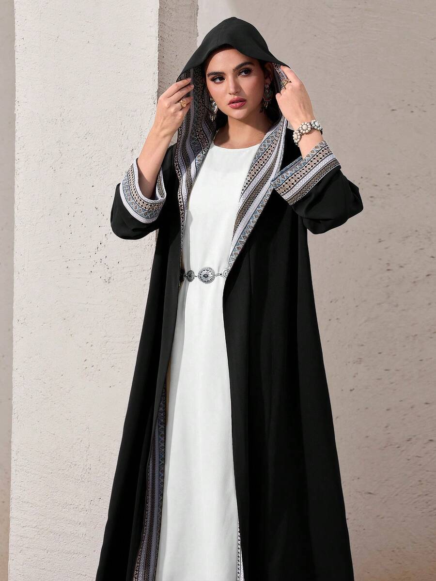 Al Najma Modest Geometric Print Hooded Long Sleeve Arabic Abaya Jacket For Women, Abayas Dress Modest Abayas Muslim Women - Black - View 1