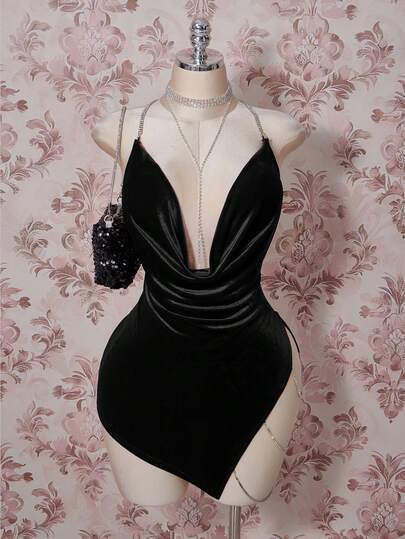SHEIN ICON Plus Size Velvet Exaggerated Plunging Neckline Rhinestone Decor Backless Criss-Cross High Slit Mini Dress Black Velvet Dress Velvet Party Dress Rhinestone Chain Dress Sexy Dinner Dress
