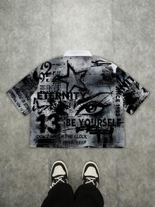 Manfinity ZONE917 Kemeja Pria Lengan Pendek Longgar Motif Grafiti Ukuran Besar Gaya Streetwear - MultiWarna - View 4