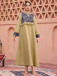 Al Najma Cardigan long à franges de couleur unie avec patchwork floral - Jaune citron - Voir 7