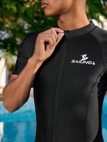 Manfinity VDAYZ Bañador de una pieza con cuello redondo y manga corta con estampado de letras para hombre - Negro - Ver 2