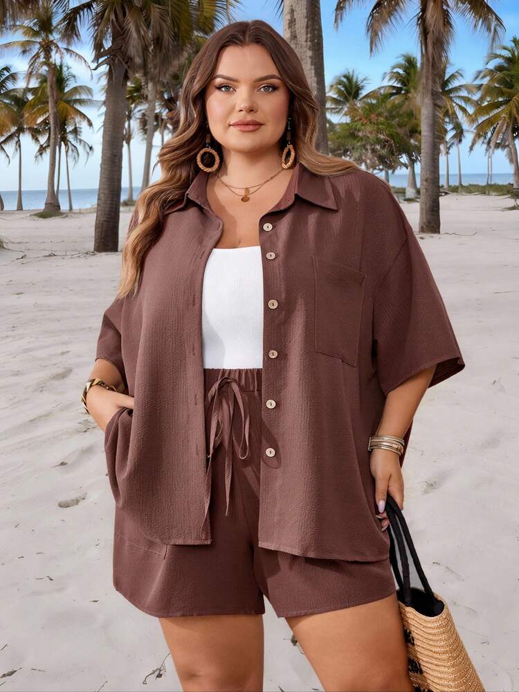 SHEIN CURVE+ Plus Size Solid Color Shirt And Shorts Two Pieces Set, Vacation Wearbeach Outfits For Woman/Beach Dress/Beach Vacation Outfits/Beach Essentials / Graduation/Tea Party Dress,2 Piece Summer Outfitsummer/Country/Beach Vacation Outfits/Beach Outfits/Beach Wear - Brown - View 4