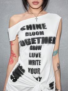 ROMWE Y2K 前卫吸睛的系带半透明性感不对称肩部女士迷你连衣裙 - 白色 - 查看 6