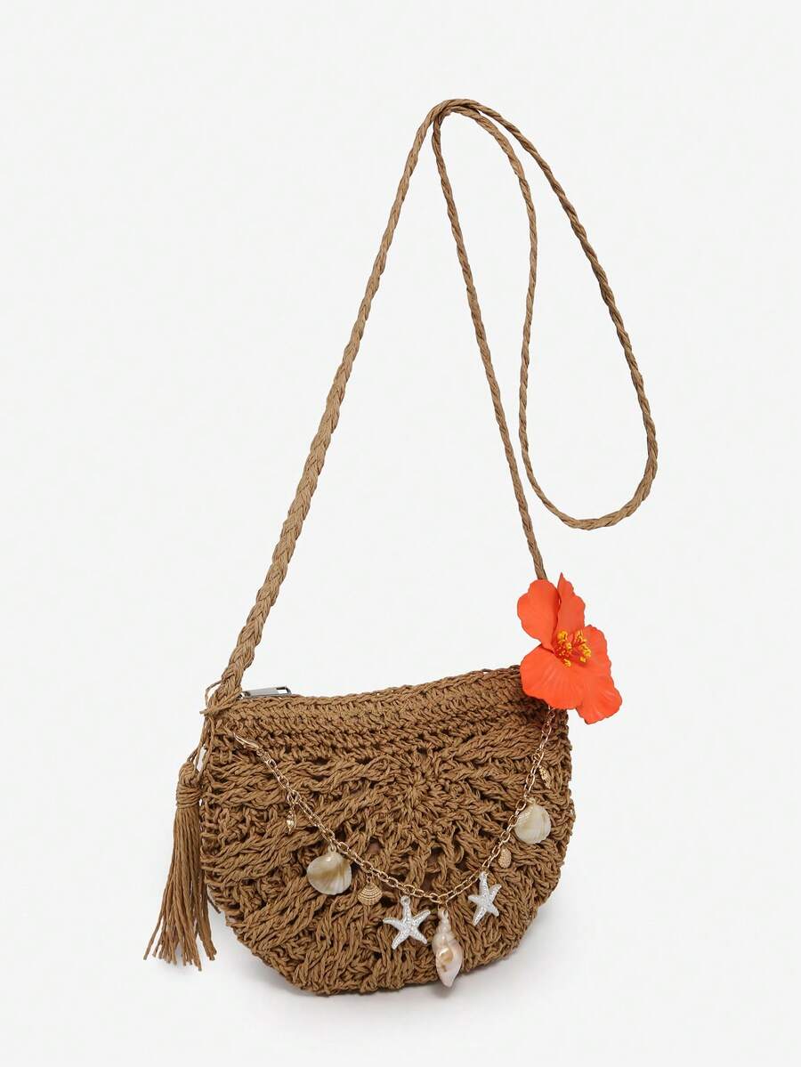 ROMWE Fairycore Women's Floral Pattern Straw Crossbody Bag With Sea Shell Decoration, Lightweight And Suitable For Vacation, Shopping - deep camel - View 1