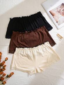 PetitDoll 3pcs Set Casual Lace Patchwork Ribbed Boyshort Panties - Multicolor - View 3
