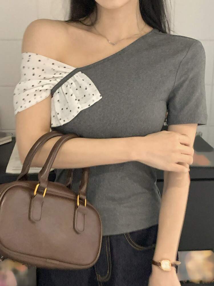 Elegant Polka Dot Splice Short Sleeve T-Shirt For Women, Casual & Slim Fit, Suitable For Spring & Summer