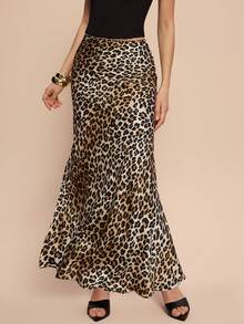 Leighera Women's Leopard Print Long Elegant Mermaid Skirt - Coffee Brown - View 5