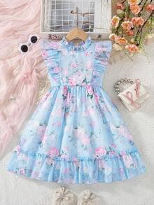 Elladie kids Đầm không tay in hoa hồng, dáng phồng, khóa kéo sau lưng, thanh lịch, đa năng, ngọt ngào và dễ thương kiểu công chúa cho bé gái 2-5 tuổi. Thích hợp mặc hàng ngày. - Màu xanh lam - Xem 5