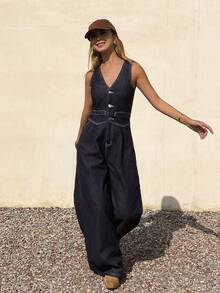 DAZY Women's V-Neck Sleeveless Loose Fit Long Straight Leg Jumpsuit Overalls, Casual City Style - Dark Wash - View 5