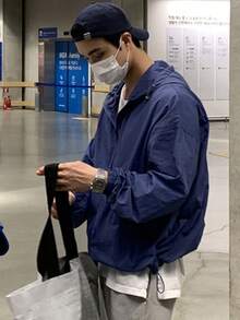 DAZY Navy Blue Hooded Loose Hem Drawstring Design Men's Jacket And Coat, Spring - Navy Blue - View 3