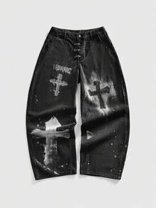 ROMWE MEN Goth 男士数码十字印花飞机扣弯刀牛仔裤 - 黑色 - 查看 8