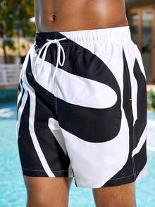 Manfinity VDAYZ 男士撞色印花休闲沙滩短裤 - 黑與白 - 查看 5