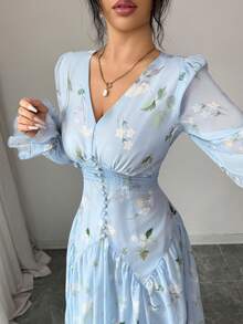 Modelyn V-Neck Ruched Lantern Sleeve Women's Dress - Blue - View 4