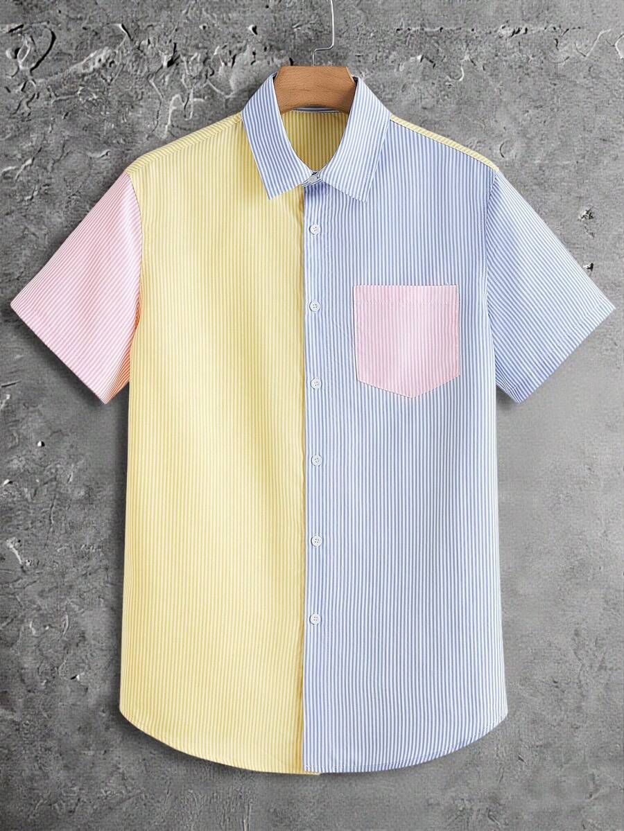 GENTILAND Men's Contrast Stripe & Woven Patchwork Short Sleeve Shirt - Multicolor - View 1