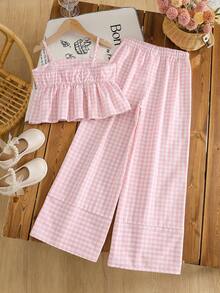 SHEIN 2pcs Tween Girl Woven Plaid Camisole Top And Pants Set - Pink - View 2