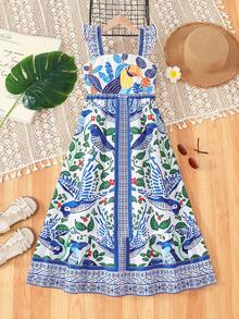 SHEIN Vestido de tirantes de niña preadolescente con estampado floral disperso - Azul - Ver 4