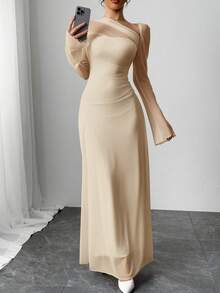 Siren Gaze 纯色网纱拼接不对称领修身长袖连衣裙 - 杏色 - 查看 5