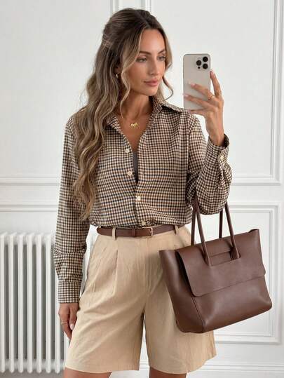 Easowa Brown Blouse Office Blouse Business Casual Woman Blouse 2 Piece Set Brown Top  Plaid Top Brown Plaid Blouse