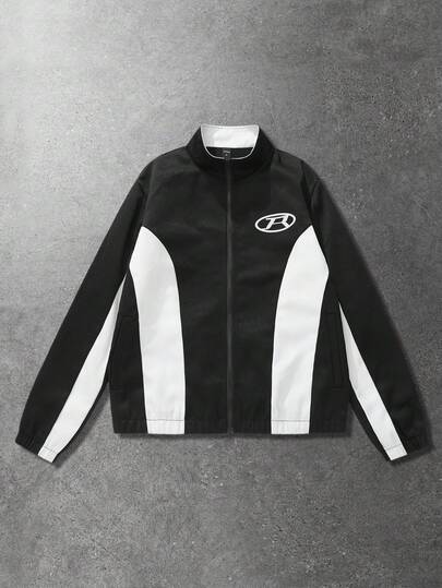 ROMWE MEN Essentials Men's Contrast Color Patchwork Graphic Sporty Jacket