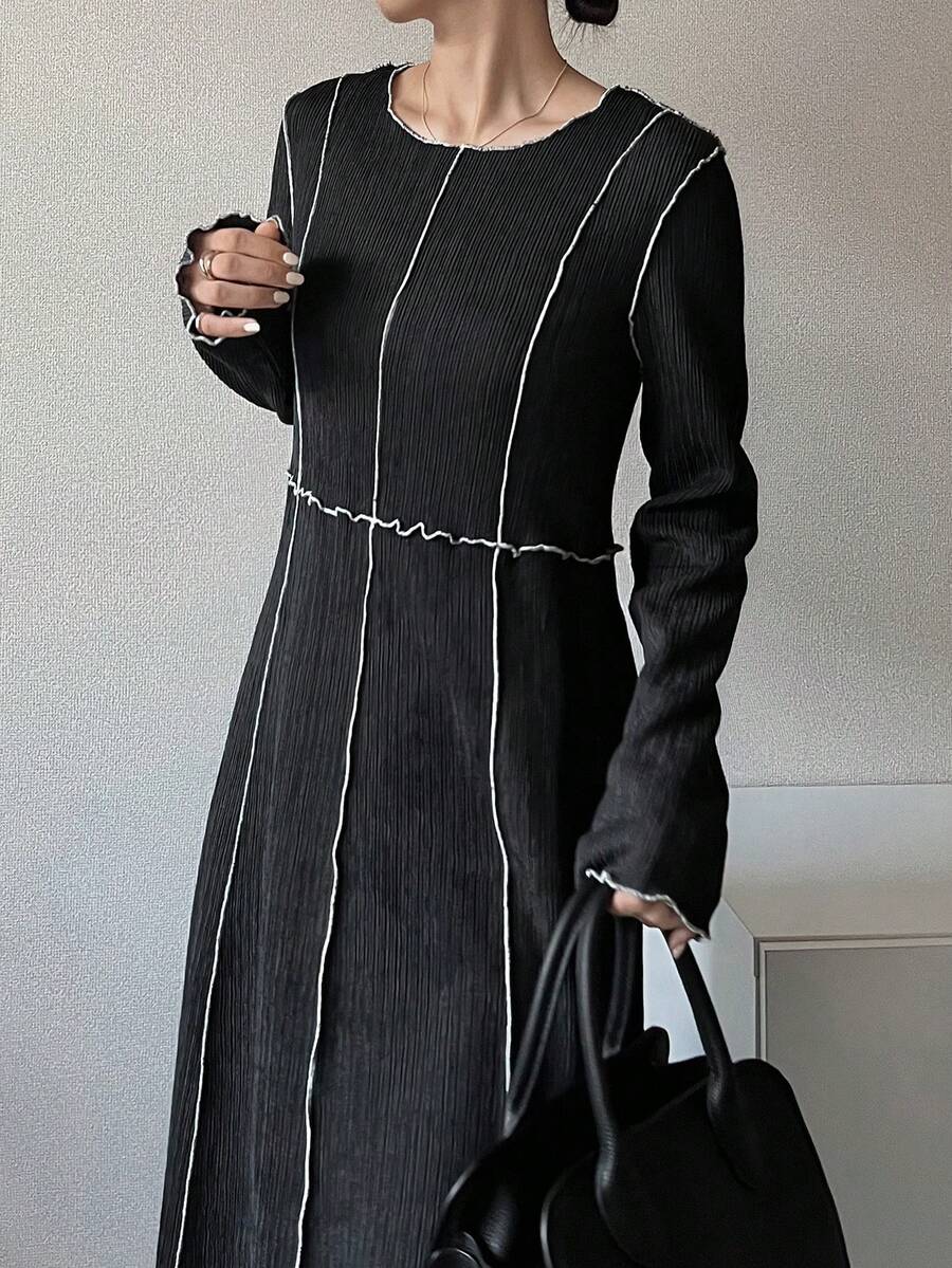 FRIFUL 女士圆领撞色缝线装饰收腰A字长袖纹理中长连衣裙 - 黑色 - 查看 1