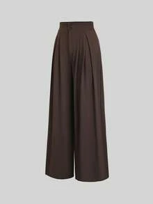 Sweetra 女士新款必备复古优雅时尚简约设计纯色棕色高腰显瘦宽松直筒阔腿褶皱裤，适合通勤、日常休闲穿着、毕业季、返校季、教师节及所有季节，棕色、咖啡棕色 - 咖啡棕 - 查看 3