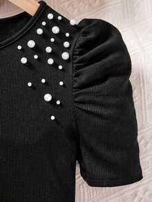 SHEIN Tween Girls' Casual Solid Color Round Neck Short Sleeve Beaded Top - Black - View 4