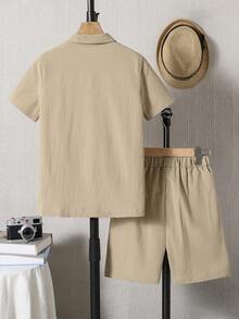 SHEIN Vacaura Set 2 Potong Baju dan Celana Pendek Kasual Musim Panas untuk Anak Laki-laki Remaja, Warna Polos dan Bertekstur - Khaki - View 2