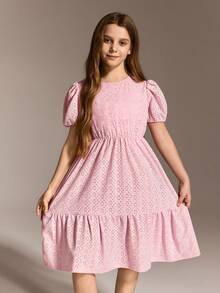 SHEIN Sparklyn Tween Girls' Summer Casual Hollow Out Embroidery Puff Sleeve Dress - Baby Pink - View 4