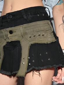 ROMWE Grunge Punk Y2K Punk 2 In 1 Vintage Rivet Decor Low Waist Women Denim Mini Skirt Club Night Out Black Summer - Grey - View 2