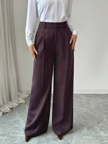 Modelyn Spring/Summer Casual And Elegant Commuting, Daily Dates, Birthday Parties, Office Attire, Simple High-Waisted Side Pockets, Wide-Leg Pants, Long Pants, Dark Wine Red, White Striped Woven Pants, Women's Long Pants Wide Leg Pants Pants Women Stripe Pants Palazzo Pants - Brown - View 4