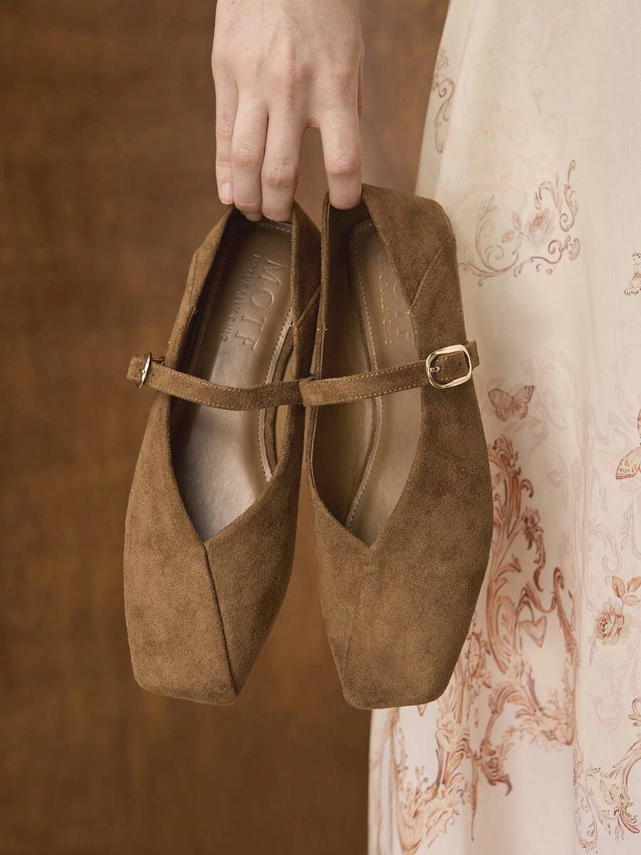 MOTF WOMEN SQUARE TOE BUCKLE STRAP FLATS VALENTINE'S DAY SPRING SHOES - Brown - View 1