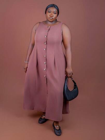 CurvyTilda 大码女式纯色单排扣圆领无袖休闲连衣裙