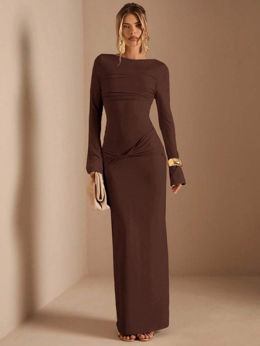 SHEIN BAE 杏色长袖针织褶皱腰部扭结下摆直筒连衣裙，优雅连衣裙，约会连衣裙，伴娘连衣裙，生日派对连衣裙，杏色连衣裙，秋冬季叠穿连衣裙 - 棕色 - 查看 1