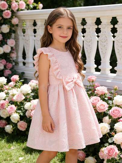 Young Girl Summer Elegant Party Banquet Jacquard Lace Bow Decor Waist Fit & Flare Dress