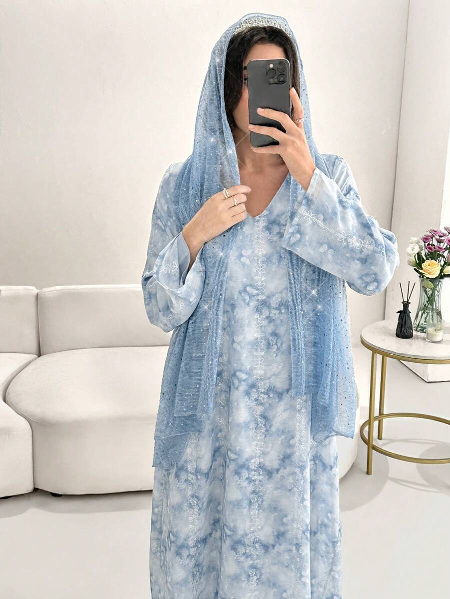 Al Najma Embroidered & Jacquard Weave Abaya Robe,  Style - Blue - View 1