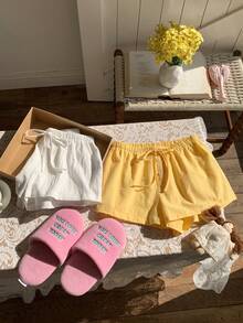 SHEIN EZwear 2条装100%水洗棉女士宽松休闲短裤，马卡龙奶油色和柠檬黄，适合夏季、度假、情人节、海滩度假、春季郊游 - 彩色 - 查看 7