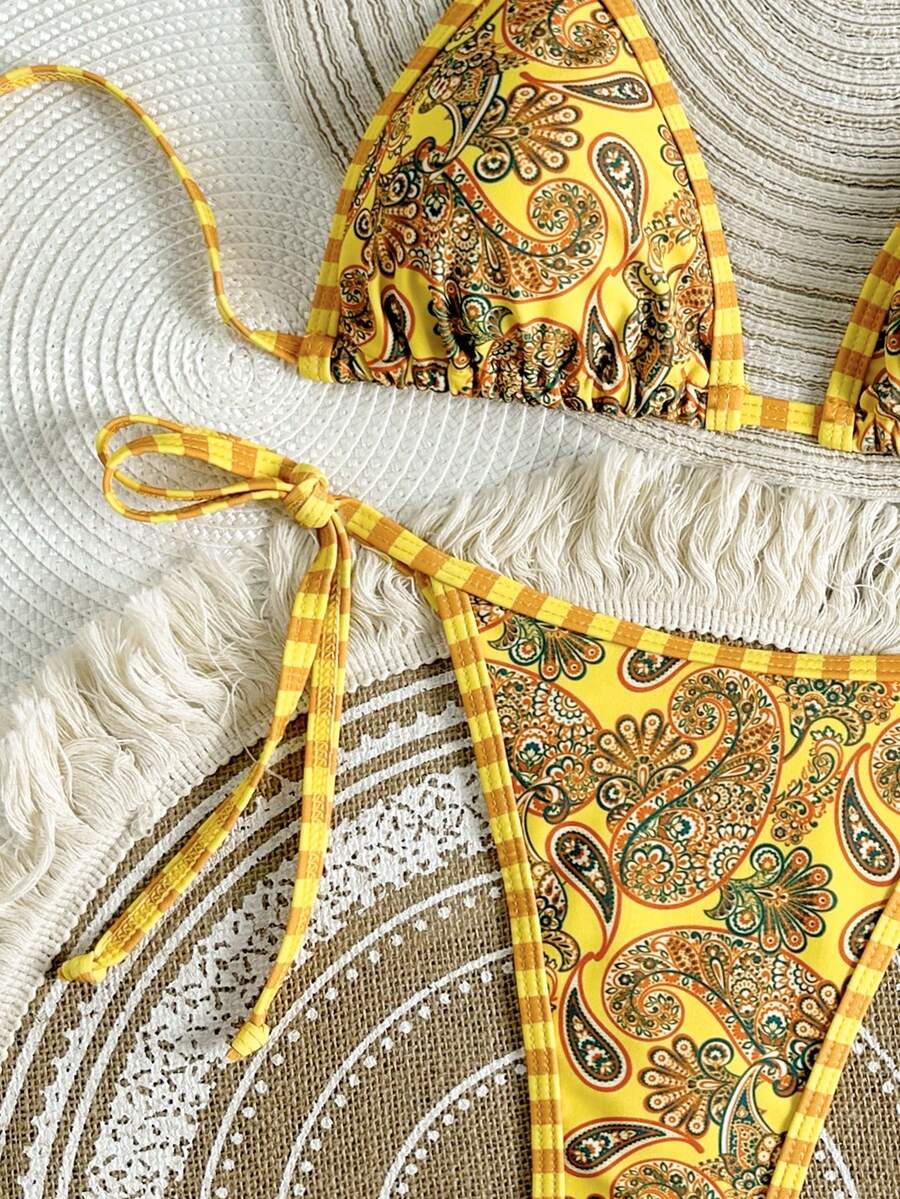 Swim Vcay Women's Random Print Halter Tie Crop Top & Knotted Side Thong Bikini 2-Piece Swimsuit, Spring/Summer - Multicolor - View 1