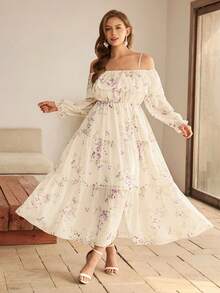 Roveilla 2026 Vestido largo maxi con cuello cuadrado, hombros descubiertos, manga larga elástica en la cintura, bajo con volantes, de tela de gasa con forro floral, talla grande para mujeres - Albaricoque - Ver 6