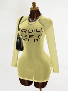 Mistrie Ladies' New Sexy Semi-Transparent Printed Long-Sleeved Dress, Net-Silk Printed, YK2 Cool Girl Style. - Yellow - View 4