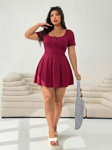 SHEIN EZwear Bộ áo liền quần ngắn tay cổ vuông màu đỏ rượu vang dành cho nữ cỡ lớn - Màu Đỏ Sâu - Xem 4