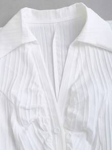 Sweetra Women's Elegant V-Neck Single-Breasted White Striped Short Sleeve Blouse, Spring/Summer - White - View 4