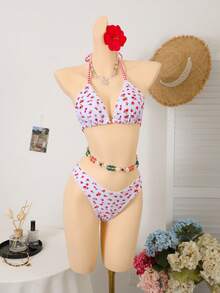 Swim Mod Set de 3 piezas de traje de baño con estampado floral tipo ditsy, bikini y falda pareo para mujer, conjunto sexy y estilizador para vacaciones en la playa o aguas termales - Multicolor - Ver 9