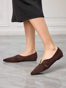 Sleekvia Women's Pointed Toe Flat Coffee Suede Comfortable Soft Sole Strap Metal Buckle Slip-On Casual Commute Shoes Valentine's Day - Coffee Brown - View 9