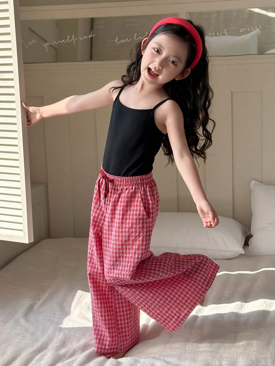 DAZY Young Girl Black Camisole And Plaid Print Slant Pocket Pants Pajama Set - Black - View 1