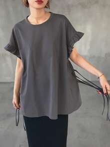 FRIFUL Women's Round Neck Ruffle Splice Loose Side Slit Criss-Cross Tie Solid Color Casual Short Sleeve T-Shirt - White - View 4