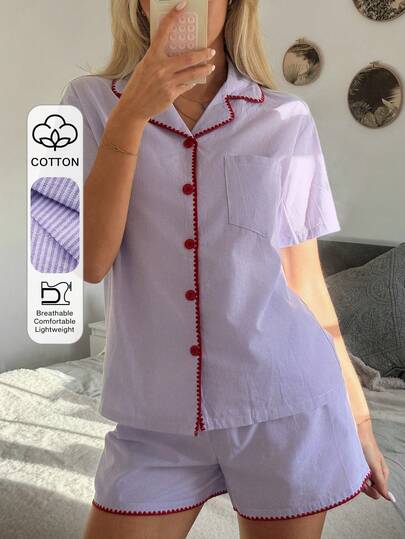 DAZY 女士条纹撞色刺绣边饰衬衫短裤睡衣套装