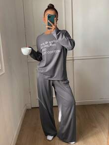 DAZY 两件套女士宽松字母印花长袖上衣和裤子睡衣套装 - 灰色 - 查看 6